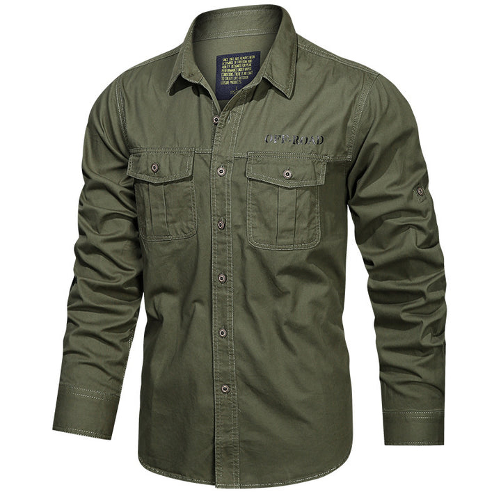 Herren Langarm-Utility-Canvas-Hemd mit Brusttaschen und OFF-ROAD-Print Echo Archiv