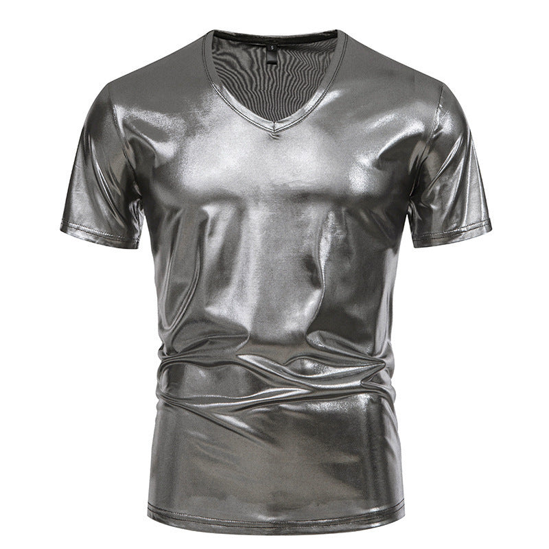 Herren Glänzendes V-Ausschnitt T-Shirt aus hochwertigem Stretchmaterial Echoarchiv