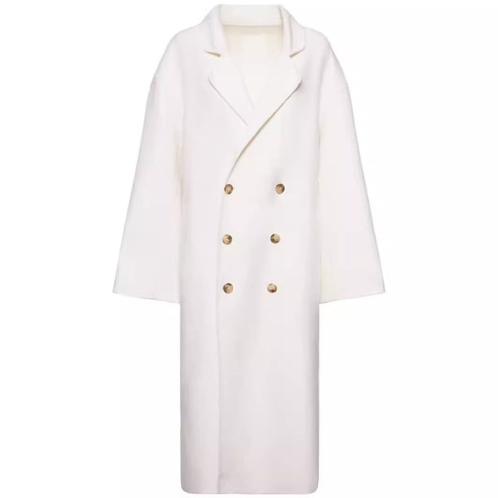Damen Oversize Zweireihiger Longcoat mit fallender Schultersilhouette und goldenen Zierknöpfen Echoarchiv