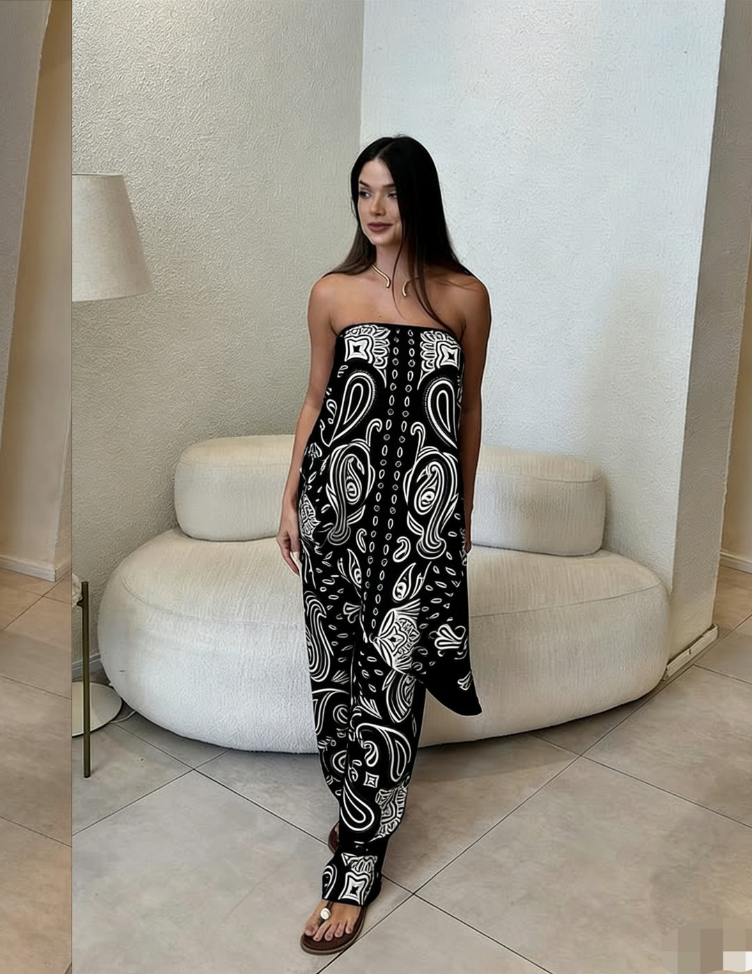 Damen lässiger Jumpsuit mit weitem Schnitt und stylischem Muster Echo Archiv