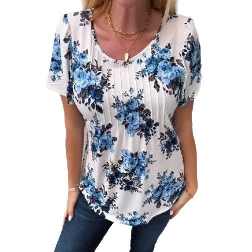 Damen nan locker geschnittenes Kurzarm-Blusenshirt mit Kellerfalten und floralem Druck Echo Archiv