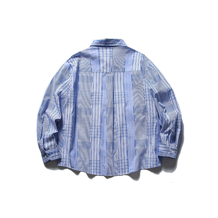 [Unisex] Oversize-Überhemd im Patchwork-Streifenmix mit Brusttasche und gerundetem Saum Echo Archiv
