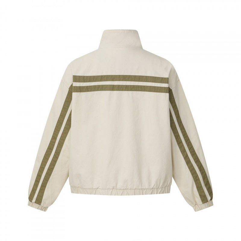 Unisex Kurz geschnittene kastige Blousonjacke mit Stehkragen, doppeltem Streifendetail und kariertem Innenfutter Echo Archiv