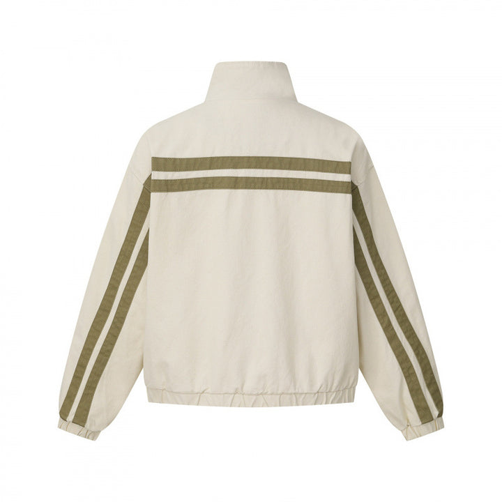 Unisex Kurz geschnittene kastige Blousonjacke mit Stehkragen, doppeltem Streifendetail und kariertem Innenfutter Echo Archiv