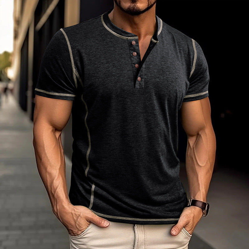 Herren elegantes Kurzarmhemd mit modischem Henley-Ausschnitt und Kontrastnähten Echoarchiv