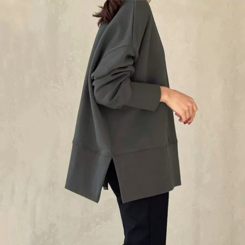 Damen Boxy-Sweatshirt mit verlängerter Saumblende, seitlichen Schlitzen und Raglanärmeln – Mavelle