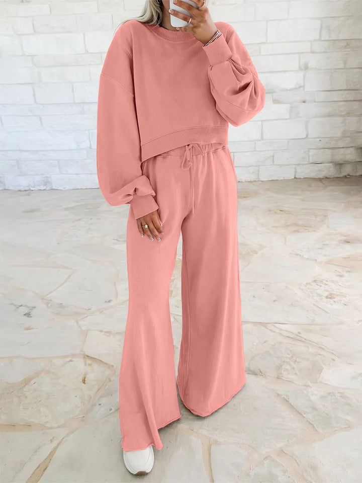 Damen Kurzpullover- und Palazzohose Lounge-Set mit Ballonärmeln Echoarchiv