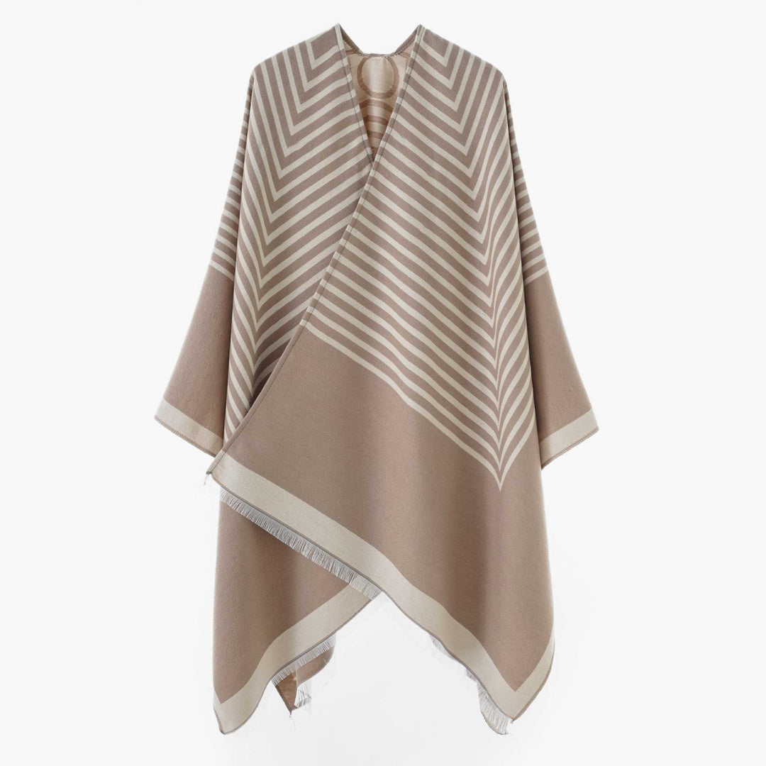 Damen Chevron‑Jacquard Capeponcho mit weitem Fall und Fransen – Avérine