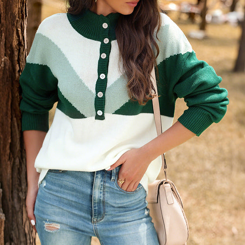 Damen Grobstrick-Henley-Pullover mit Stehkragen und Chevron-Intarsie Echoarchiv