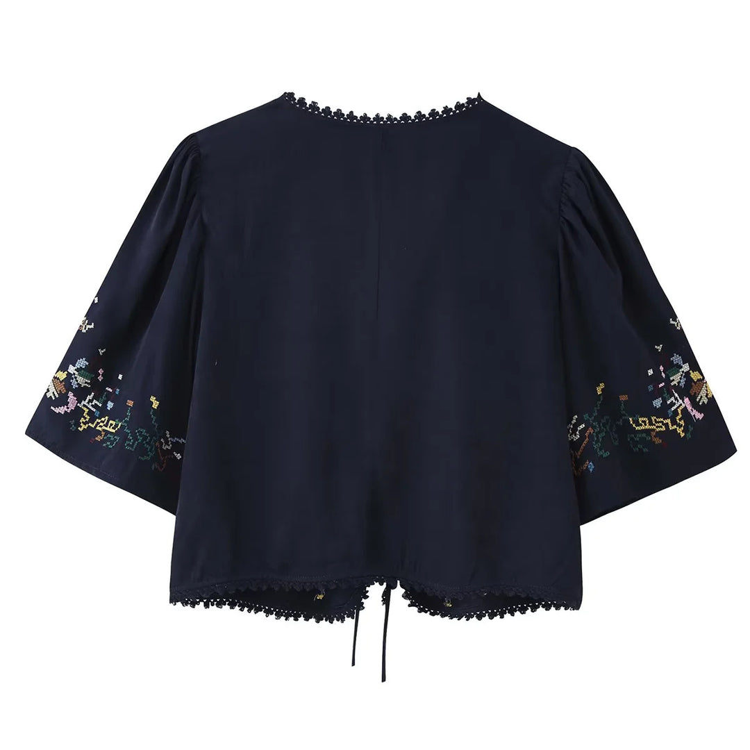 Damen nan bestickte Kimono-Jacke mit Bindeband, Häkelkante und ellenbogenlangen Ärmeln Echo Archiv