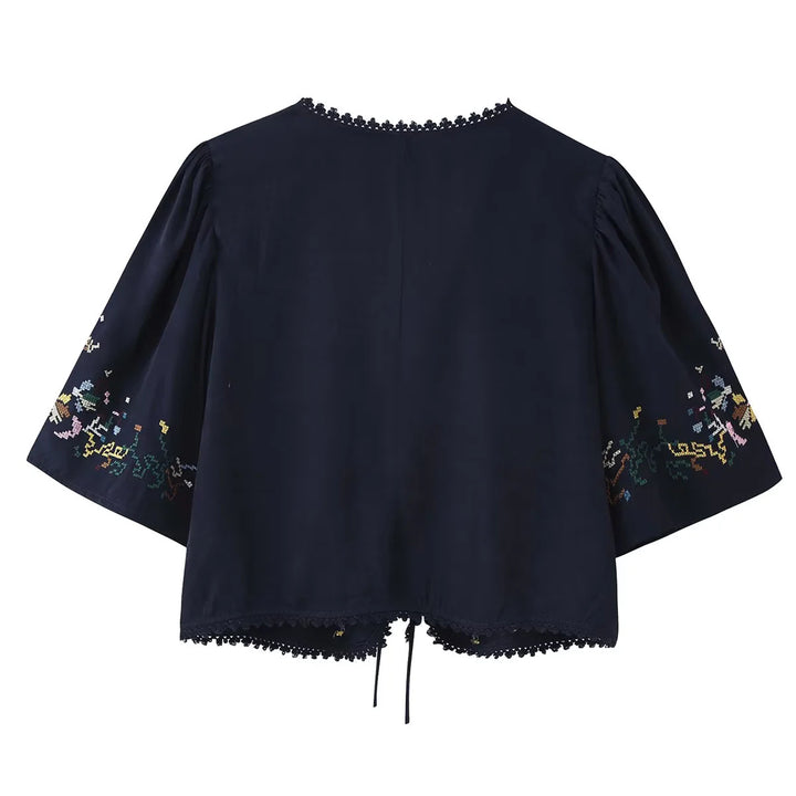 Damen nan bestickte Kimono-Jacke mit Bindeband, Häkelkante und ellenbogenlangen Ärmeln Echo Archiv