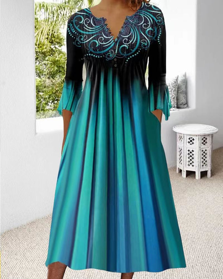 Damen nan fließendes Maxikleid mit verziertem V-Ausschnitt, Unterbrustnaht, ausgestelltem Rock und Eingrifftaschen Echo Archiv