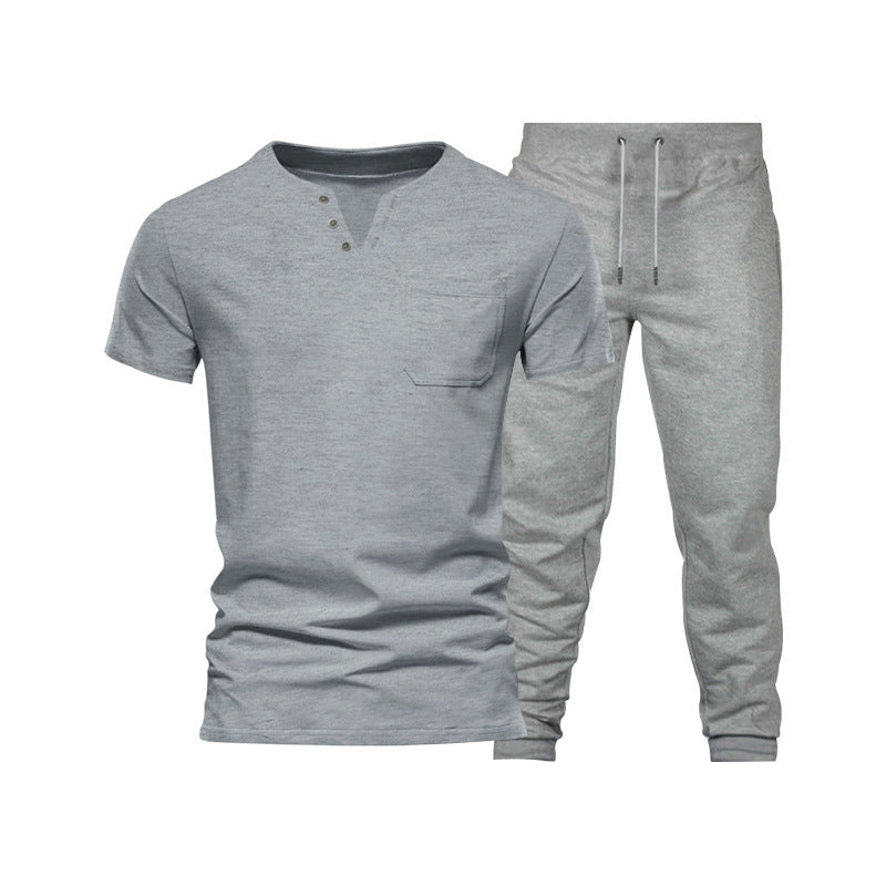 Herren lässiges Kurzarm-Henley-Set mit praktischer Brusttasche und bequemen Jogginghosen Echoarchiv