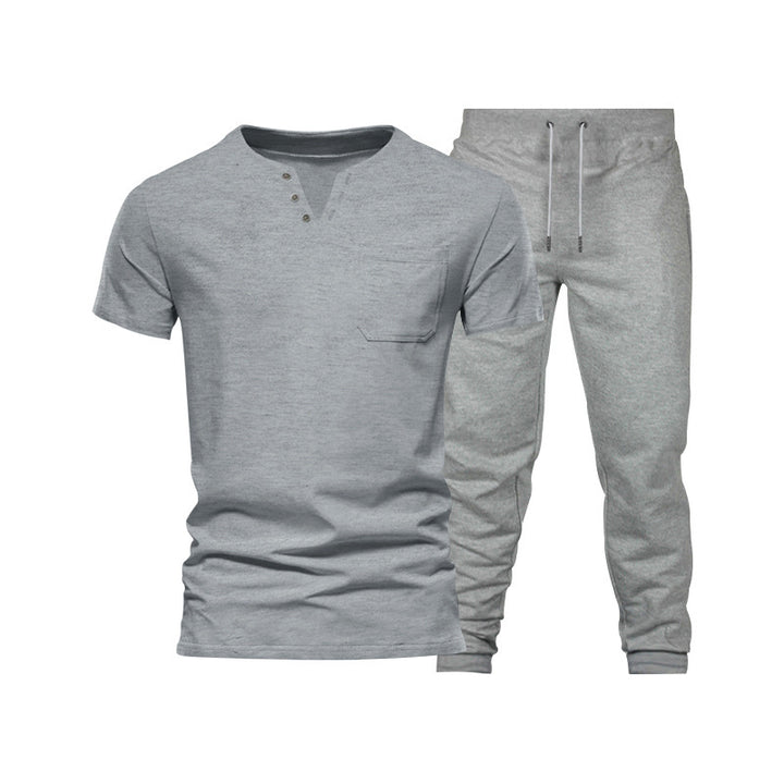 Herren lässiges Kurzarm-Henley-Set mit praktischer Brusttasche und bequemen Jogginghosen Echoarchiv