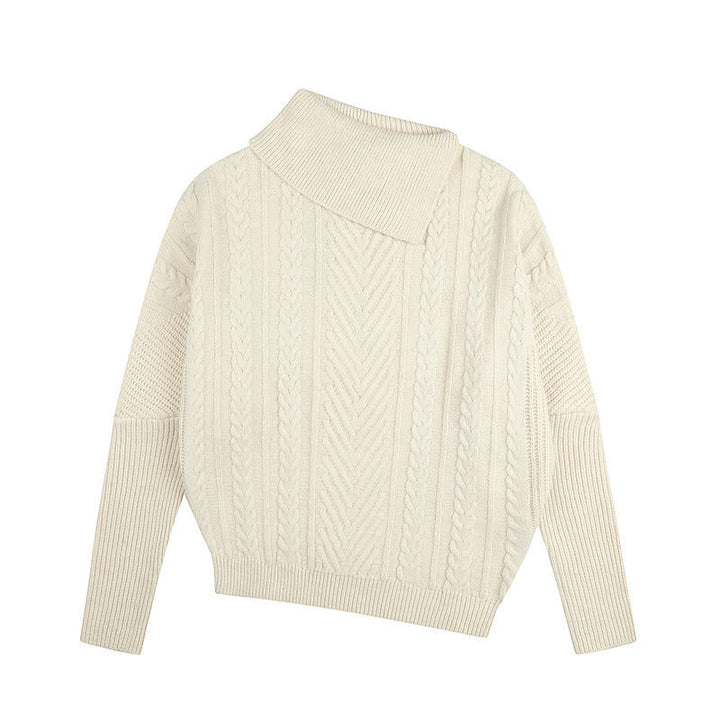 Damen asymmetrischer Zopfmuster-Pullover mit schrägem Rollkragen und Oversize-Schnitt Echoarchiv