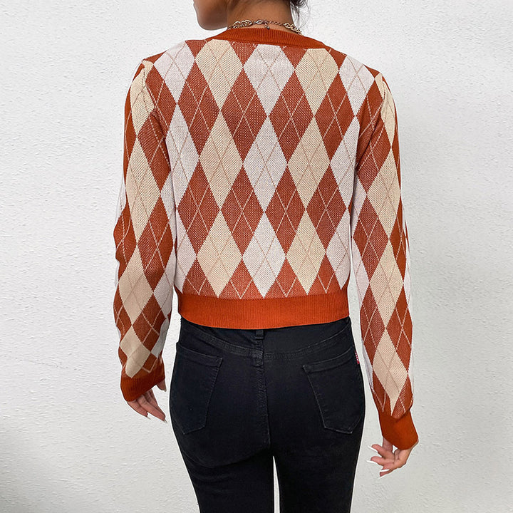 Damen Taillierter Kurzpullover im Rautenmuster mit Feinstrick und Rippbündchen Echoarchiv