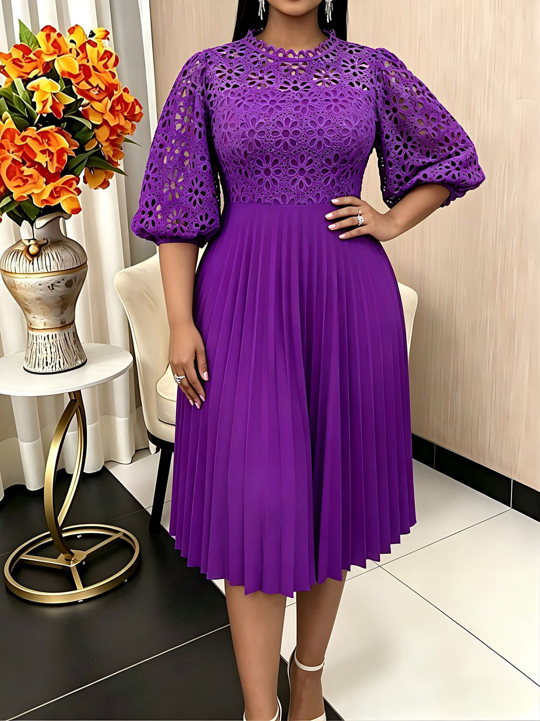 Damen elegantes Midikleid mit Spitzenoberteil und plissiertem Rock Echo Archiv