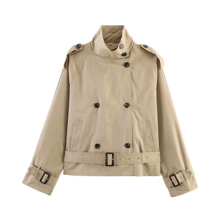 Damen gekürzte Trenchjacke mit Stehkragen doppelter Knopfreihe und Taillengürtel Echo Archiv