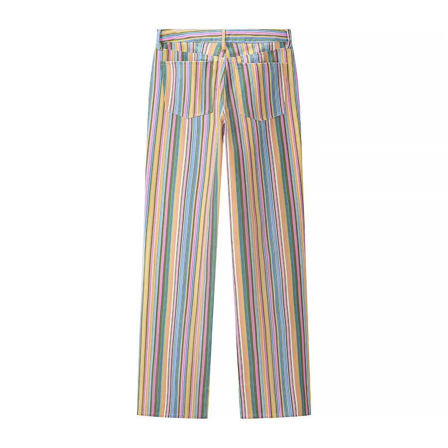 Damen gestreifte Highwaist Hose gerade geschnitten mit weitem Bein und klassischem Taschen-Design – Avélisse