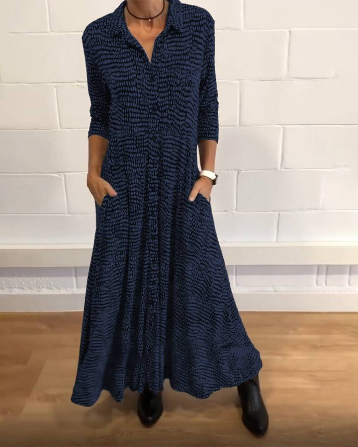 Damen nan fließendes Maxikleid mit Hemdkragen, halblangen Ärmeln und Seitentaschen Echo Archiv