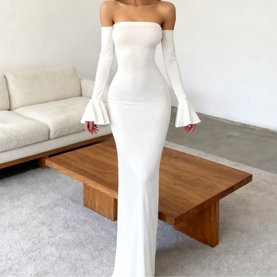 Damen Körperbetontes Off-Shoulder Abendkleid mit langen Ärmeln und voluminösen Abschlüssen Echo Archiv