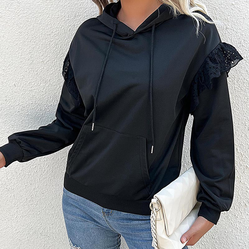 Damen Kapuzenpullover mit Spitzenvolant, Kängurutasche & Rippbündchen Echoarchiv
