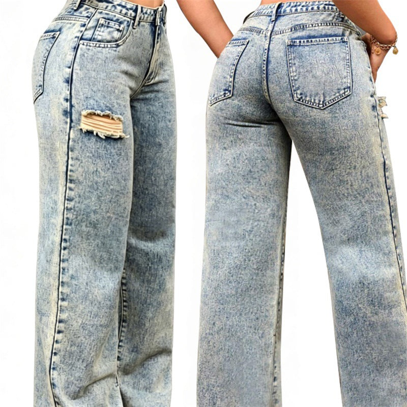 Damen High-Waist Relaxed-Jeans mit Steinwasch-Effekt und seitlichem aufgerissenem Einsatz Echo Archiv