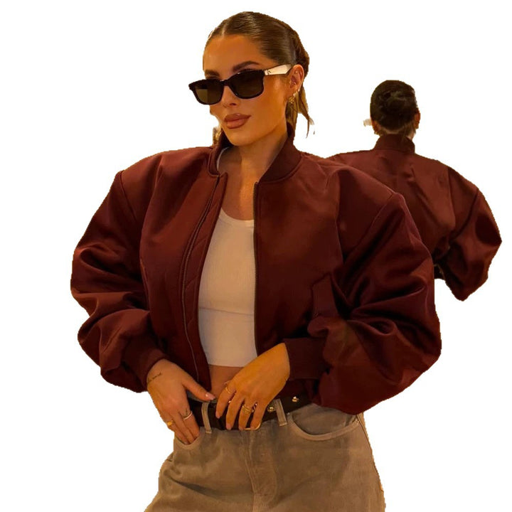 Damen Kurzer Satin‑Bomber mit kastiger Silhouette, Pattentaschen und elastischem Bündchen Echoarchiv
