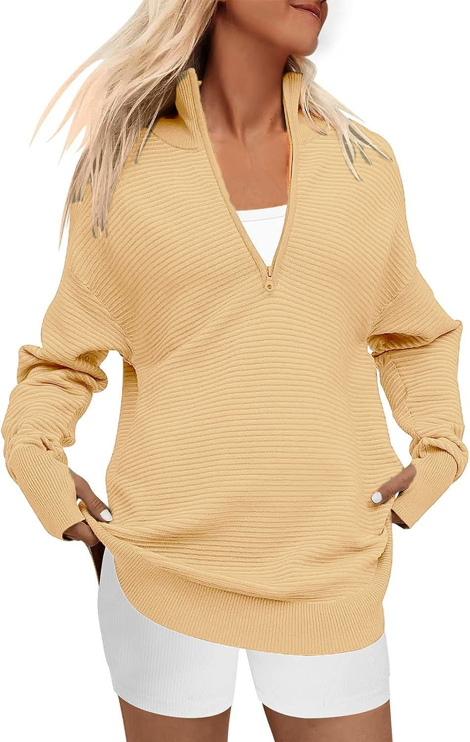 Damen Oversize-Feinstrickpullover mit halbem Reißverschluss, Stehkrragen und Daumenloch-Ärmeln Echo Archiv