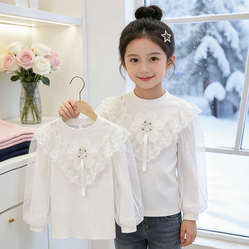 Mädchen elegante Bluse mit floralen Applikationen und transparenter Spitze Echo Archiv