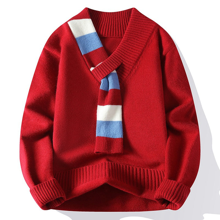 Herren V-Ausschnitt Strickpullover mit integriertem Kontraststreifen-Schal und gerippten Bündchen Echo Archiv