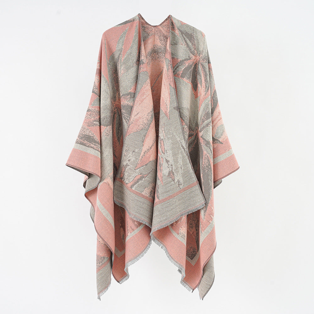 Damen Jacquard-Überwurfponcho mit floral-abstrakter Webstruktur und weichfallendem Oversize-Cape Echo Archiv