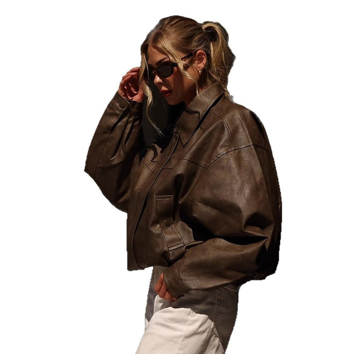 Damen Boxy Cropped Lederimitat‑Blouson mit Oversize‑Schulter Echoarchiv