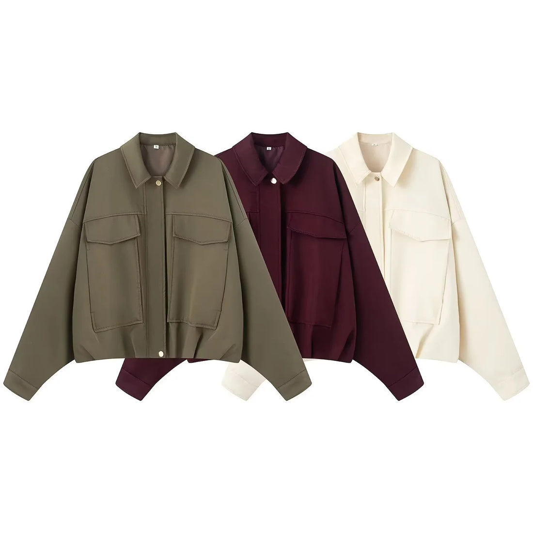 Damen cropped Overshirt-Jacke mit überlanger Ärmelpartie, großen Pattentaschen und verdeckter Druckknopfleiste – Célinea
