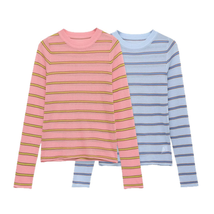 Damen Feinstrick-Pullover im Slim-Fit mit Rundhals und horizontalen Kontraststreifen Echoarchiv