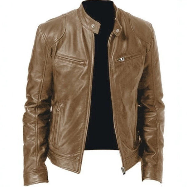 Herren nan vintage-inspirierte Lederjacke im Bikerstil mit Stehkragen und sichtbaren Reißverschlüssen Echo Archiv