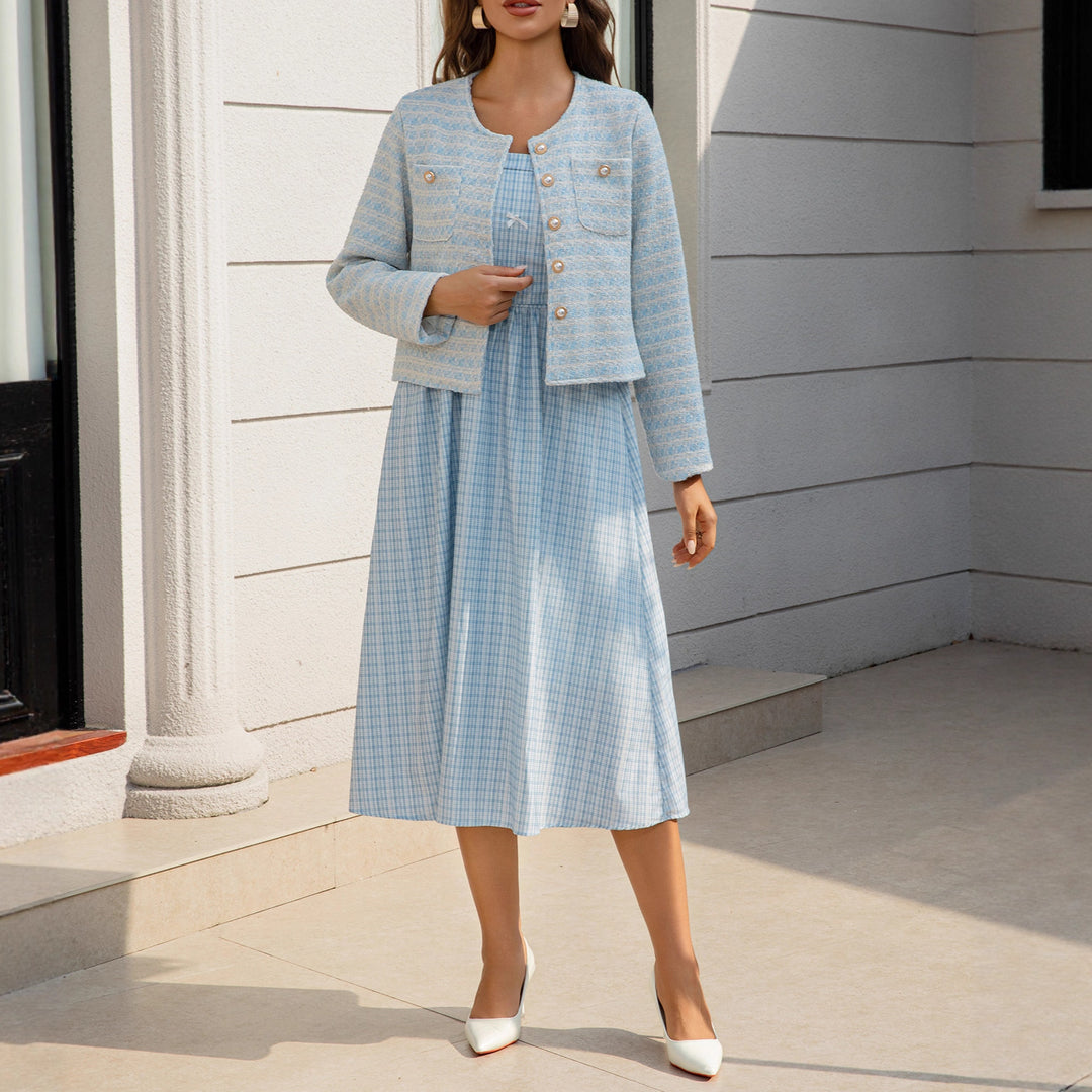 Damen Zweiteiliges Bouclé-Jacken-Set mit tailliertem Gingham-Midikleid Echoarchiv