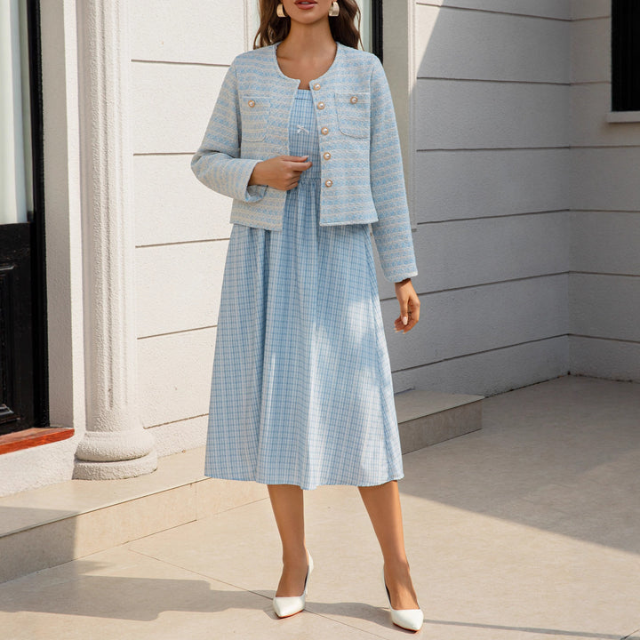 Damen Zweiteiliges Bouclé-Jacken-Set mit tailliertem Gingham-Midikleid Echoarchiv