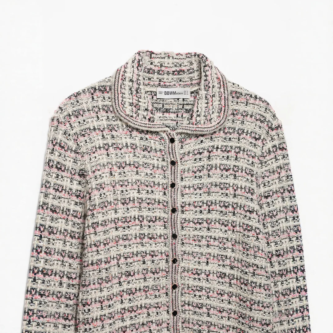 Damen Tweed-Cardigan mit Rundkragen, durchgehender Knopfleiste und Fransenabschlüssen Echoarchiv