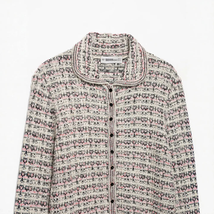 Damen Tweed-Cardigan mit Rundkragen, durchgehender Knopfleiste und Fransenabschlüssen Echoarchiv