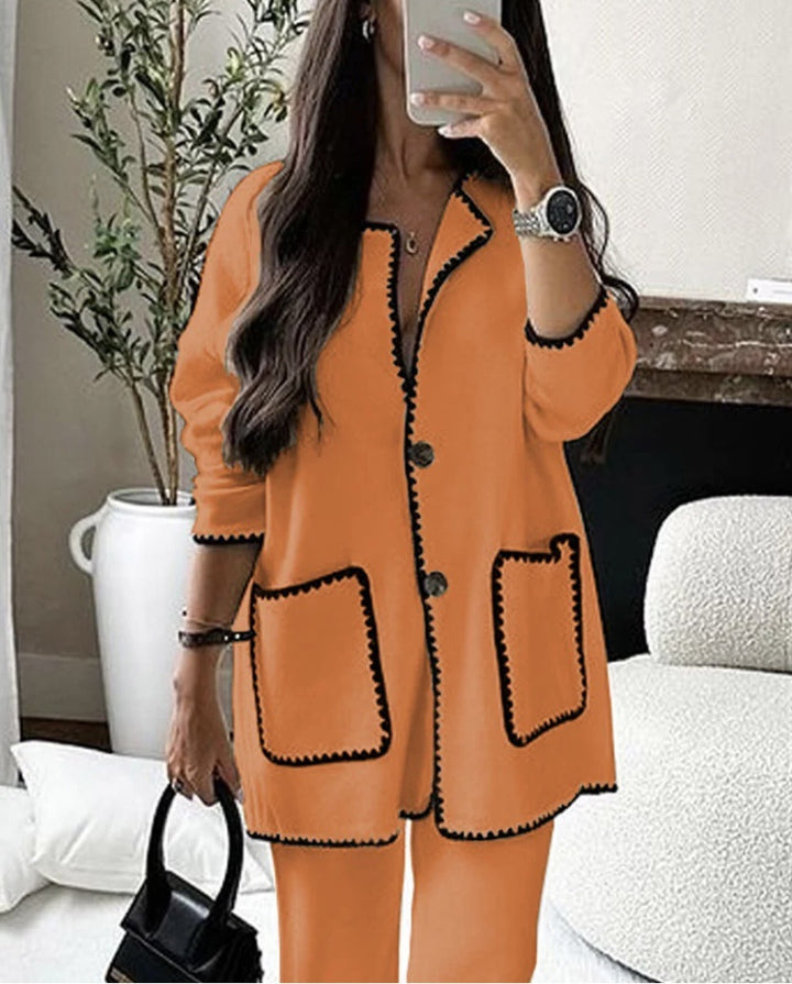 Damen Longline-Strickset mit kontrastbesetzter Strickjacke und weitem Palazzo-Hosen Echoarchiv