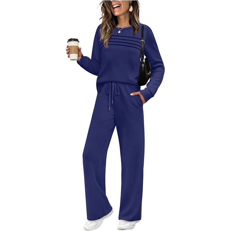 Damen Zweiteiliges Lounge-Set mit Plissee-Detail, Rundhals-Sweatshirt und weitem Kordel-Hose – Élanora