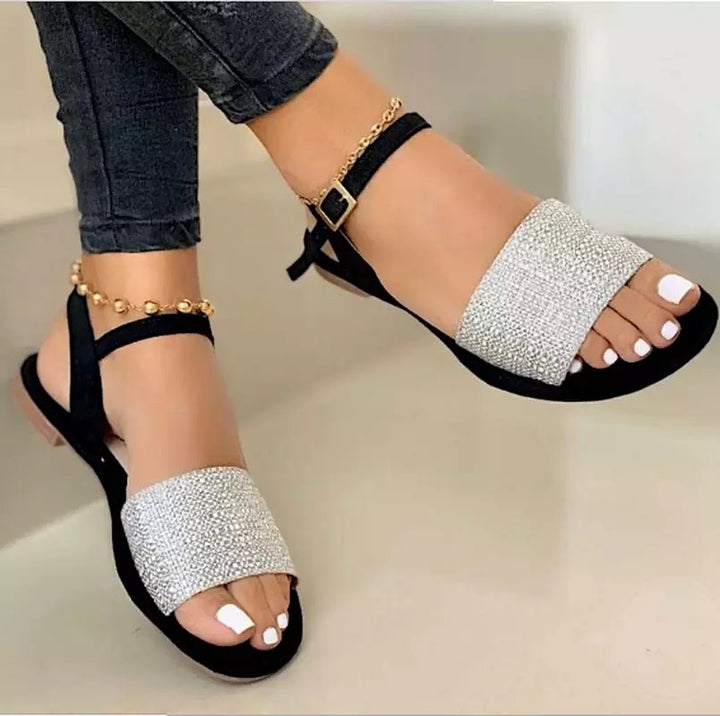Damen nan flache Sandalette mit breiter Strassbandage und verstellbarem Knöchelriemen Echo Archiv