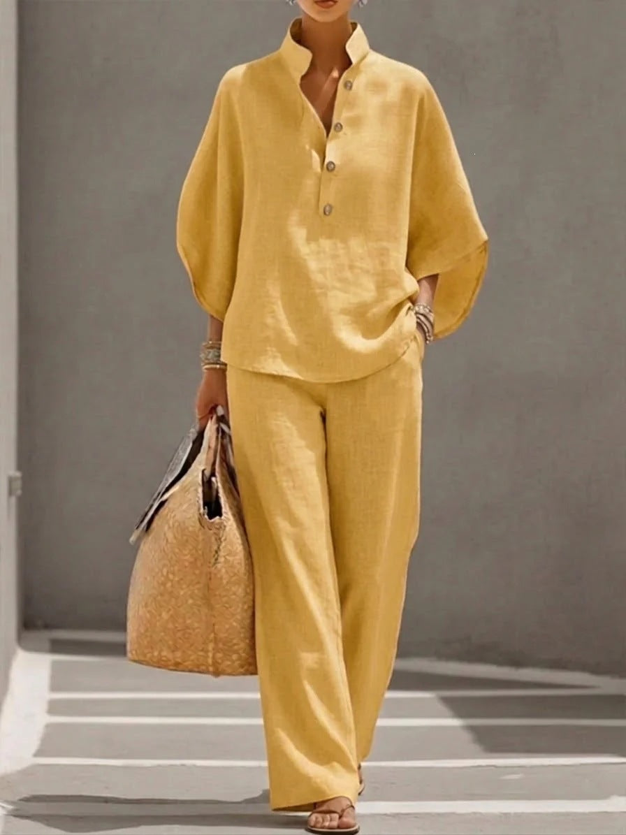 Damen Leichtes Leinen-Loungewear-Set mit Stehkragen Knopfleiste und weitem Marlene-Schnitt Echoarchiv