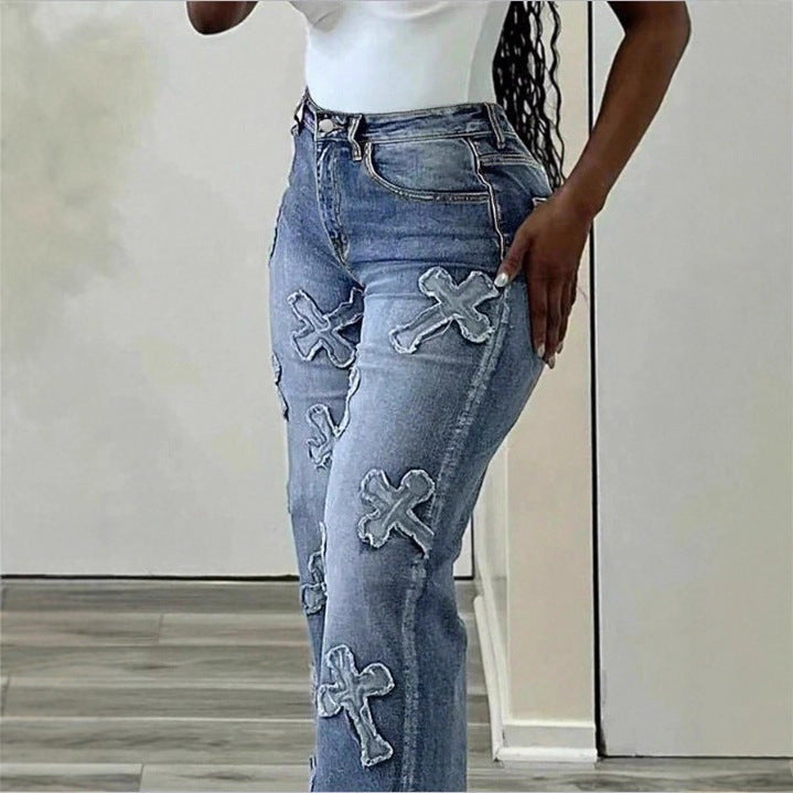 Damen Hochtaillierte Straight‑Leg‑Jeans mit Fransen‑Kreuz‑Applikationen Echo Archiv