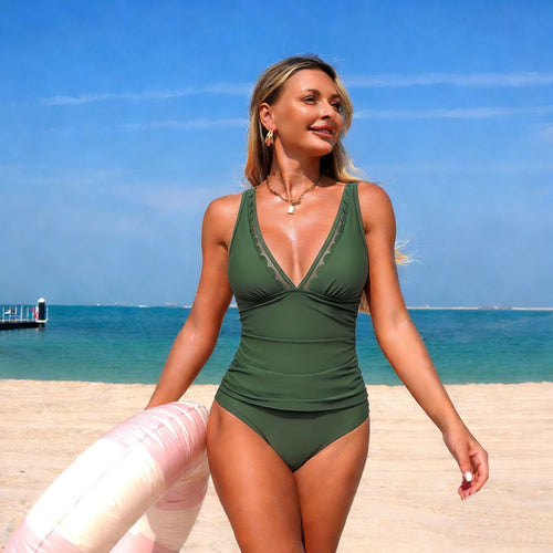 Damen Eleganter Hochtaillierter Einteiler Badeanzug mit modischen Cut-Out-Details Echo Archiv