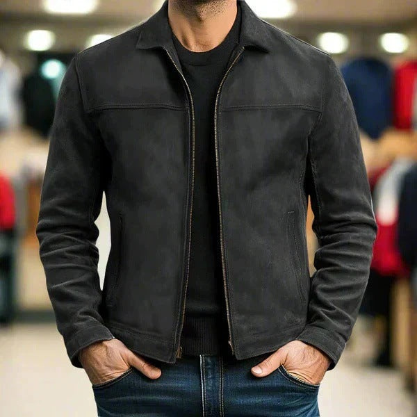 Herren Vintage Velourslederjacke mit schmaler Passform und Reißverschluss – Valtoré