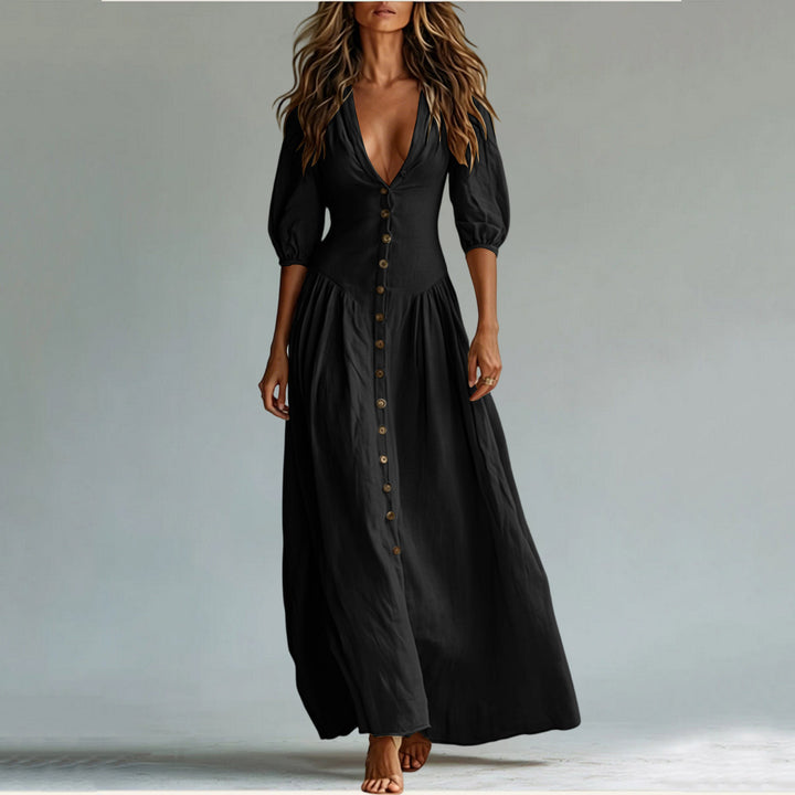 Damen Maxikleid mit tiefem V-Ausschnitt, durchgehender Knopfleiste und Ballonärmeln – Valéora