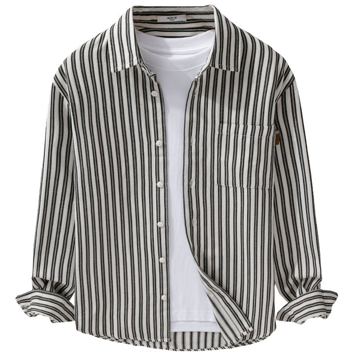 Herren Gestreiftes Baumwoll-Overshirt mit aufgesetzter Brusttasche und softem Crinkle-Finish Echoarchiv