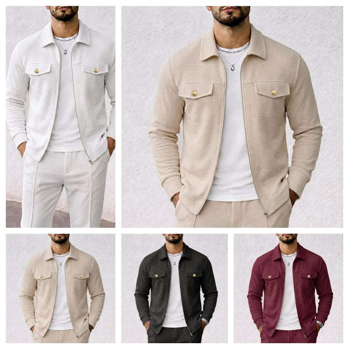Herren strukturierte Overshirt-Jacke mit Waffelstruktur, Pattentaschen und verdecktem Reißverschluss – Taviero